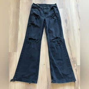American Eagle women’s black distressed, wide leg jean, size 0